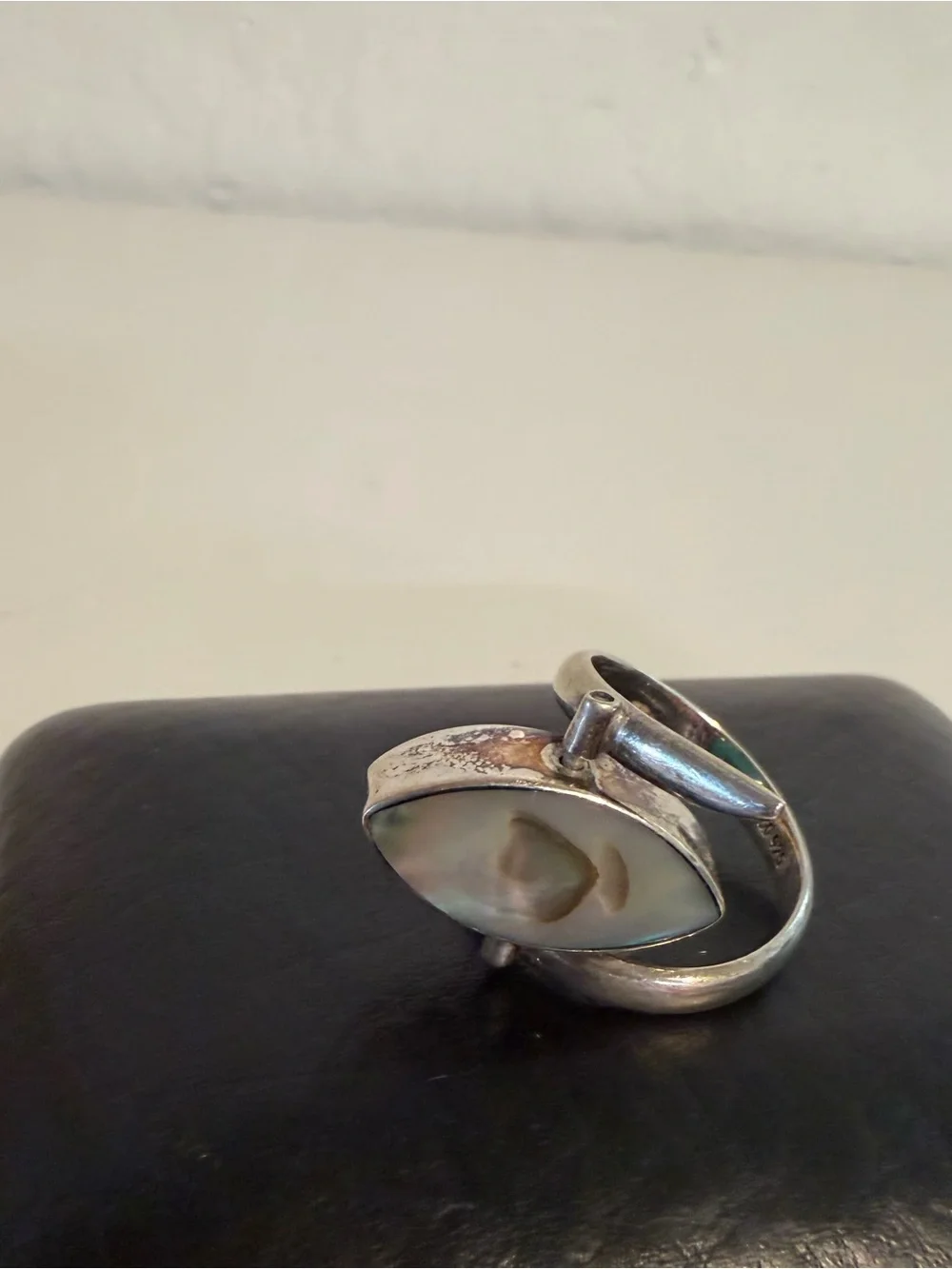 HOB Mexico Vintage Sterling Silver 925 Reversible Turquoise Abalone Ring Sz 8.75
